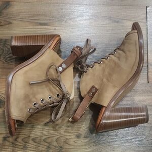 Rag & Bone Trafford Lace Up Peep Toe Heel Bootie Europe Leather Tan Cognac 37